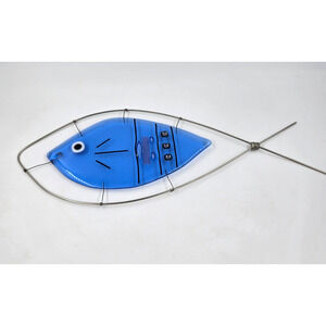 Vintage MCM Mixed Metal Blown Glass Wall Art Brutalist BLUE FISH 21"